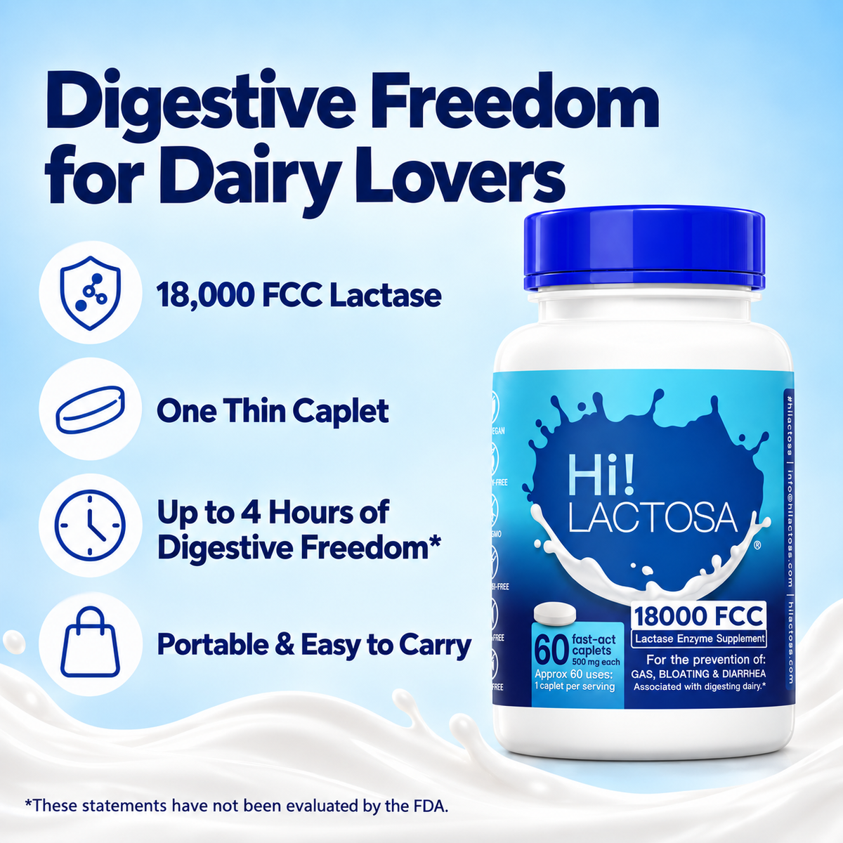 Hi! Lactosa™ Extra Strength Lactose Intolerance Enzyme Pill (18,000 FCC)